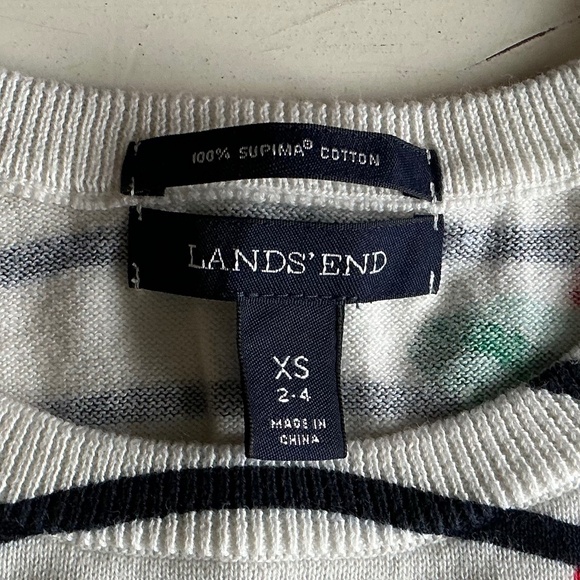 Lands End 100% Supima Cotton 3/4 sleeve Striped Hibiscus Floral Sweater XS - Picture 6 of 7